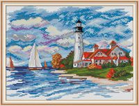 DIY Cross-Stitching with Pre-Printed Patterns for Beginner Kids Adults Cross Stitch Stamped Kits, Embroidery Crafts Needlepoint Starter Kits, The Seaside Lighthouse