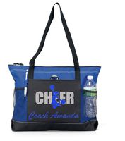 Custom Cheer Coach with Glitter or Solid Metallic Cheerleader and Coach Name on a Sports Tote. Free (Royal Blue Glitter on a Royal Bag)