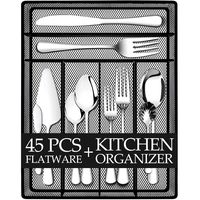 Teivio 45 Piece Silverware Set, Flatware Utensils Set Mirror Polished, Dishwasher Safe Service for 8, Include Knife/Fork/Spoon/Wire Mesh Steel Cutlery Holder Storage Trays (Silver)
