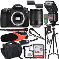 Canon EOS 90D DSLR Camera w/Canon 18-135mm USM Lens Kit + Pro Photo & Video Accessories Including 128GB Memory, Speedlight TTL Flash, Shoulder Quick Release Strap, Condenser Micorphone, 60" Tripod &