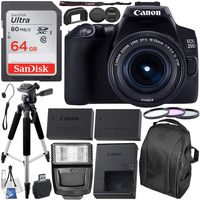Canon EOS 250D (Rebel SL3) DSLR Camera with 18-55mm Lens & Essential Accessory Bundle - Includes: SanDisk Ultra 64GB SDXC Memory Card, Extended Life Battery, Digital Slave Flash, 57" Tripod & More