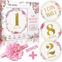 Baby Monthly Milestone Stickers (Free Headband) 20 Premium Floral Metallic Gold Stickers for First Year - 0 to 12 Month Onesie Belly Stickers - Best Baby Shower Gift or Scrapbook Photo Keepsake