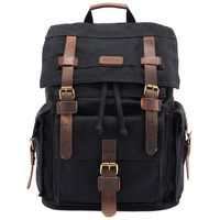 Kattee Men's Canvas Leather Hiking Travel Backpack, Black