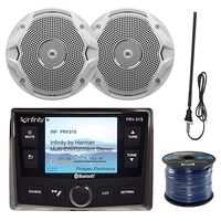 Infinity AM/FM USB Bluetooth Waterproof Stereo with 3.5" Color Display, 6X Prospec Electronics JBL 6.5" White Speakers, 50 Foot 16-G Speaker Wire, Enrock Marine Antenna