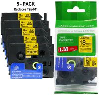 LM Tapes - 5/Pack Premium 3/4" (18mm) Black on Yellow Compatible TZe P-touch Tapes for Brother PT-1750, PT1750 Label Maker with FREE Tape Guide Included