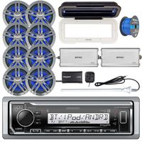 Kenwood KMR-M322BT Marine Bluetooth Receiver, Single DIN Radio Cover, 8x Enrock Marine 2-Way 6.5" Speakers (Charcoal), 2x 4-Channel Amplifier, SiriusXM Tuner, Radio Antenna -White, Tinned Speaker Wire