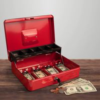 Stalwart Cash Box - Locking Steel Petty Cash Safe with Coin Tray and Spring-Loaded Money Clips for Yard Sale, Market and Concession Stand (Red)