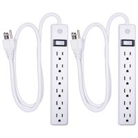 GE 6 Grounded Outlet Surge Protector, 450 Joules, 2 Pack Power Strip, 3 Ft Long Extension Cord, Heavy Duty, On/Off Switch, Integrated Circuit Breaker, Warranty, UL Listed, White, 14709