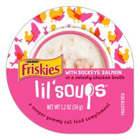 Purina Friskies Natural, Grain Free Wet Cat Food Complement, Lil' Soups With Sockeye Salmon in Chicken Broth - (8) 1.2 oz. Cups