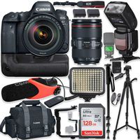 Canon EOS 6D Mark II DSLR Camera w/Canon 24-105mm USM Lens Kit + Pro Photo & Video Accessories Including 128GB Memory, Speedlight TTL Flash, Battery Grip, LED Light, Micorphone, 60" Tripod & More
