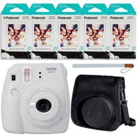 Fujifilm Instax Mini 9 Instant Camera (Smokey White), Groovy Case and 5X Twin Pack Instant Film (100 Sheets) Bundle