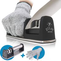 Zulay Kitchen Knife Sharpener & Cut-Resistant Glove | 2-Stage Knife Sharpening Tool Restores, Polishes and Helps Repair Blades, Dull Steel, Paring, Chefs and Pocket Knives | Stainless Steel & Tungsten