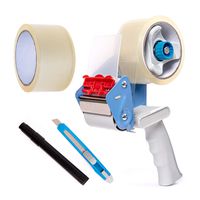 BFO Industries Tape Gun Kit - Tape Dispenser Gun, 2 Rolls Clear Industrial HD Packaging & Moving Tape, Marker & Snap Blade Utility Knife