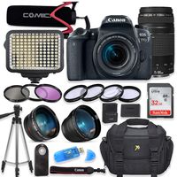 Canon EOS 77D Digital SLR Camera with Canon EF-S 18-55mm & 75-300mm III Lens + Video LED Light + Video Pro Microphone + Sandisk 32GB SDHC Memory Card, Camera Bag (Complete Video Package)
