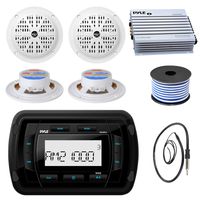 Pyle PATVR10 MP3 Bluetooth Marine Boat Yacht Stereo Receiver Bundle Combo with 4X 4'' Inch Dual Cone Waterproof White Stereo Speaker + Enrock Radio Antenna + 400 Watt Amplifier +18G 50-FT Wire