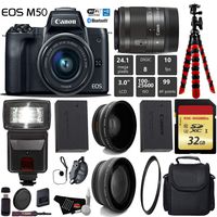 Canon EOS M50 Mirrorless Digital Camera with 15-45mm Lens + Flash + UV FLD CPL Filter Kit + Wide Angle & Telephoto Lens + Camera Case + Tripod + Card Reader - International Version Bundle