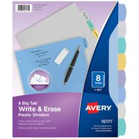 Avery 8-Tab Plastic Binder Dividers, Write & Erase Multicolor Big Tabs, 1 Set (16171)