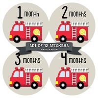 Baby Monthly Stickers - Monthly Milestone Stickers - Baby Month Stickers for Boy - Fire Engine Truck