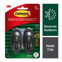 Command Outdoor 3 lb Capacity Medium Terrace Hooks, Black, Water-Resistant Strips, 2 hooks, 4 strips, Decorate Damage-Free (17086S-AWES)
