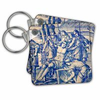 3dRose Portugal, Almancil. Detail of Tile Work in St. Lawrence Church. - Key Chains, 2.25" x 2.25", Set of 2 (kc_249389_1)