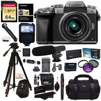 Panasonic DMC-G7KS Digital Single Lens Mirrorless Camera 14-42 mm Lens Kit, 4K + Accessory Bundle + Transcend 64 GB + Polaroid 72" Tripod + Microphone + Polaroid Flash + Filter Set + Battery + More