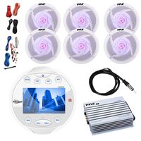 Lanzar AQR84W Round Aquatic Waterproof Marine Stereo in Dash Bluetooth Receiver - White, 4X 6.5 Marine 2 Way 240 Watts LED White Speakers, 4-Channel Amplifier, 8 Gauge Amp Install Kit, 40" Antenna