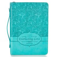 Christian Art Gifts Turquoise Faux Leather Bible Cover for Women | Everlasting Love - Jeremiah 31:3 | Zippered Bible Case Book Cover w/Handle