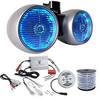 2 x Pyle 6.5" Marine 400W Multicolor LED Silver Wakeboard Tower Speakers, Pyle Waterproof 600 Watt Bluetooth 2-Channel Boat Yacht Amplifier System, Enrock Speaker Wire