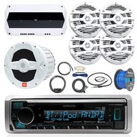Boat Sound System Package: Kenwood Marine Bluetooth Media Receiver + Compact 4-Channel Amplifier, 4 6.5 Inch Marine Speakers (White) + 10" Amplified Subwoofer + Amp Install Kit + 50 Ft Wire, Antenna