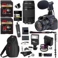 Canon SL2 DSLR Camera with 18-55mm is STM & 75-300mm Lens, 64GB Memory, Bag, Flash, Monpod, and Cleaning Kit Bundle