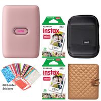 Fujifilm Instax Mini Link Smartphone Printer (Dusky Pink), Photo Album (Coffee), Carrying Case, 40 Instax Sheets and 60 Border Stickers