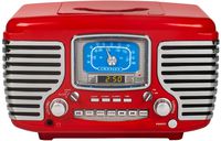 Crosley CR612D-RE Corsair Retro Am/FM Dual Alarm Clock Radio with CD Player and Bluetooth, Red