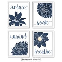 Relax, Soak, Unwind, Breathe Blue & White with Gray Tone Bath Flower Signs Poster Prints, Set of 4 (8x10) Unframed Photos, Wall Art Decor Gifts Under 20 for College, Home, Student, Teacher, Floral Fan