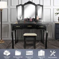 Vanity Beauty Station,Large Tri-Folding Necklace Hooked Mirrors,6 Organization 7 Drawers Makeup Dress Table with Cushioned Stool Set - Black