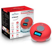 Bluetooth Speaker with LCD Display, NFC, FM Radio and Subwoofer Effect- Shower Speaker with Crystal Clear Sound and 3 Firm Suction Cups - Hands Free Speakerphone ... (Red)