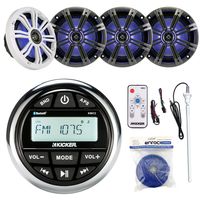 Kicker KMC2 Marine Boat Yacht Gauge Style AM/FM Stereo Receiver Bundle Combo With 4x 6.5" Multi Color LED Audio Speakers W/ Light Remote Control + Enrock 45" Antenna + 50 Feet 14g Speaker Wire