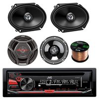 JVC KD-R370 CD/MP3 AM/FM Radio Player Car Receiver Bundle Combo with 2X DR6820 300-Watt 6x8 Inch Vehicle Coaxial Speakers + 2X DR620 6.5" Inch 2-Way Audio Speakers + Enrock 50 Feet 16-Gauge Wire