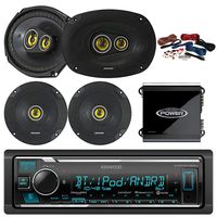Kenwood Bluetooth AM/FM Car Stereo Receiver Bundle Combo with 2X Kicker 600-Watt 6.5" Inch 2-Way Speakers, 2 x 900W 6x9 3-Way Coaxial Speakers, 2-Channel Amplifier w/8g Installation Kit