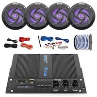PyleMarine PFMRA440BB 4-Channel Bluetooth Black Amplifier, 4X Pyle 5.25" 2-Way Waterproof Weather Resistant Black LED Speakers, Amp Install Kit, 18-G 50 Ft Speaker Wire