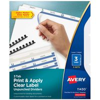 Avery 11430 Print & Apply Clear Label Unpunched Dividers, 3-Tab, Letter (Pack of 5 Sets)