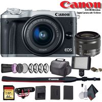 Canon EOS M6 Mirrorless Digital Camera with 15-45mm Lens (International Model) (Silver) (1725C011) W/Bag, Extra Battery, LED Light, Mic, Filters and More - Advanced Bundle