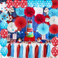 Dr Seuss Cat in The Hat Party/Bridal Shower Decorations Turquoise White Red Polka Dot Ballons Paper Fans for Dr Seuss Decorations Baby Shower Decorations/Thing One and Thing Two Birthday Decorations