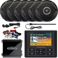 Marine Audio AM/FM USB Bluetooth Waterproof Stereo, 6 x 6.5 Dual Cone Black Stereo Speakers, 2-Channel 400W Car Amplifier, Amp Installation Kit, Radio Antenna, AUX Interface Mount