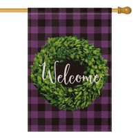 AVOIN Boxwood Wreath Welcome House Flag Vertical Double Sided, Mardi Gras Spring Buffalo Check Plaid Rustic Farmhouse Burlap Flag Yard Outdoor Decoration 28 x 40 Inch