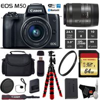 Canon EOS M50 Mirrorless Digital Camera with 15-45mm Lens + Flexible Tripod + UV Protection Filter + Professional Case + Card Reader - International Version Bundle Kit