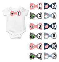 Gift Set of 12 Bowtie Keepsake Photography Monthly Baby Stickers with Country Farm Animals and Tractor BT029