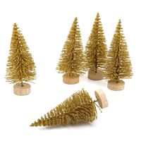 Goldenlight 10Pcs Artificial Mini Christmas Trees Mini Pine Tree Sisal Trees Miniature with Snow Wood Base Ornaments for Christmas Table Top Decor Winter Crafts (Gold, 10Pcs - Height 4.5cm)