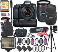 Canon EOS 6D Mark II DSLR Camera w/ 24-105mm f4L is II USM Lens & Sigma 70-300mm Lens + 128GB Sandisk Extreme Memory + Video LED Light + Rode Microphone + 60" Portable Tripod + Professional Kit