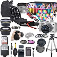 Canon EOS M50 Mirrorless Digital Camera with 15-45mm Lens Kit (White) + Wide Angle Lens + 2X Telephoto Lens + Flash + SanDisk 32GB SD Memory Card + Video Creator Accessory Bundle