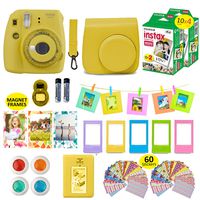 Fujifilm Instax Mini Instax 9 Camera Bundle (Yellow) + Instant Camera Film 40 Sheets + Case + Instax Camera Accessories Bundle, 2 Albums, 4 Color Lenses, Selfie Lens, 5 Desk Frames + 60 Stickers